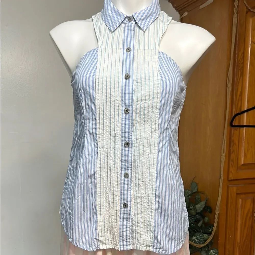 Maeve Striped Button-Up Blouse in Blue and White